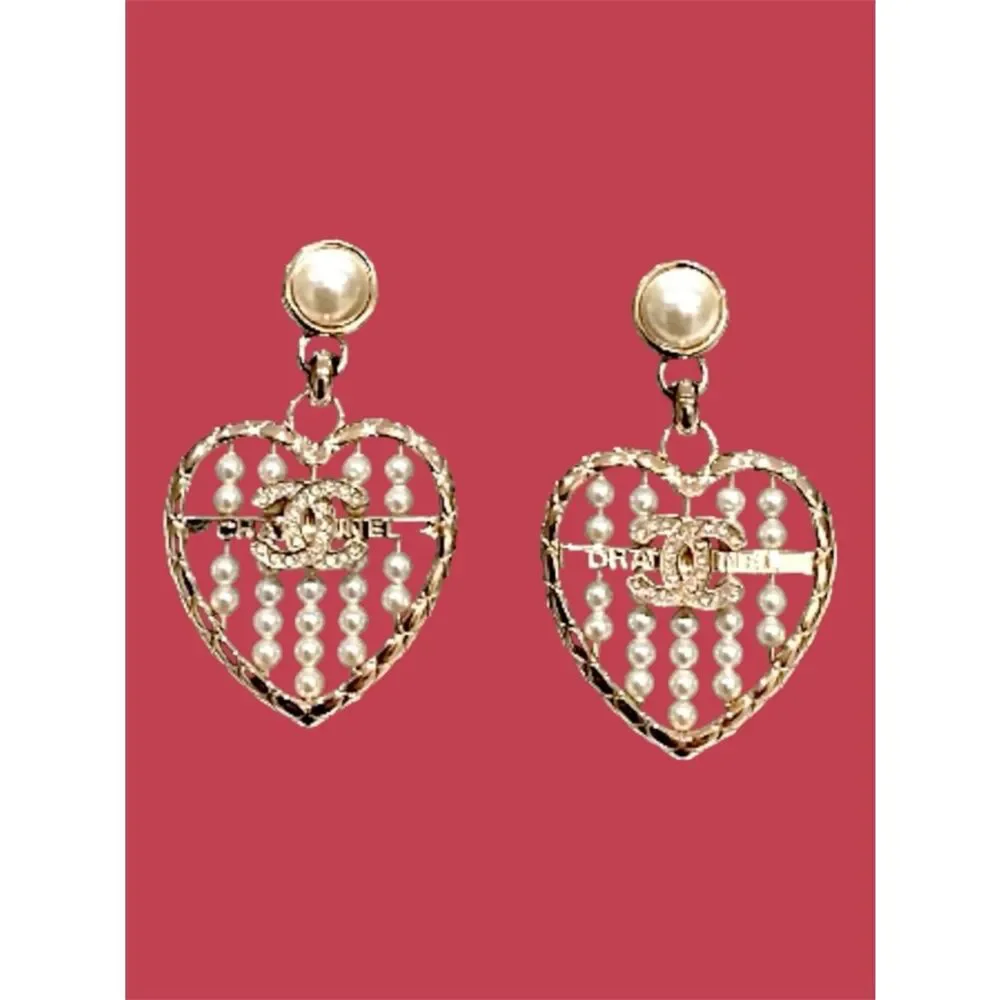 CHANEL Gold Heart Earrings with Pearl and diamond Accents